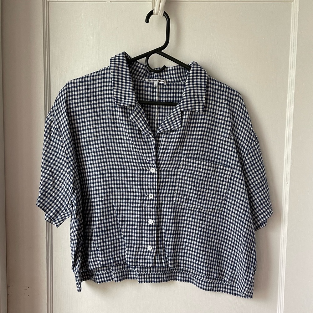 Reformation Lennie Gingham Crop Shirt - Navy/White